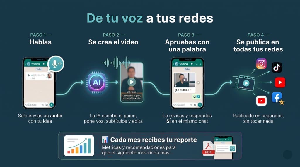 Flujo de un audio en WhatsApp a video publicado en redes, con reporte mensual.